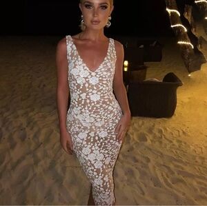 White Sequin Overlay Midi Dress